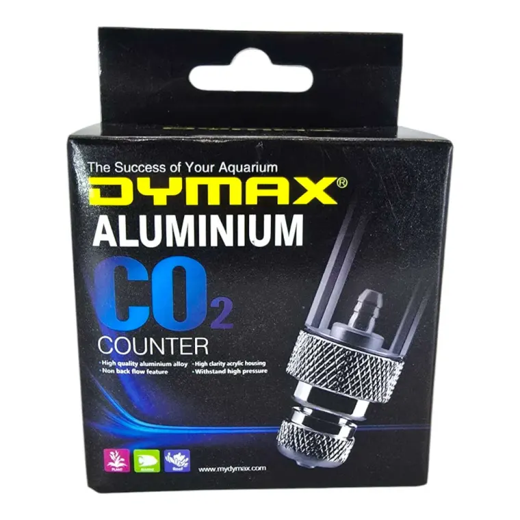 Dymax Aluminium CO2 Bubble Counter packaging showcasing its features for aquarium use.