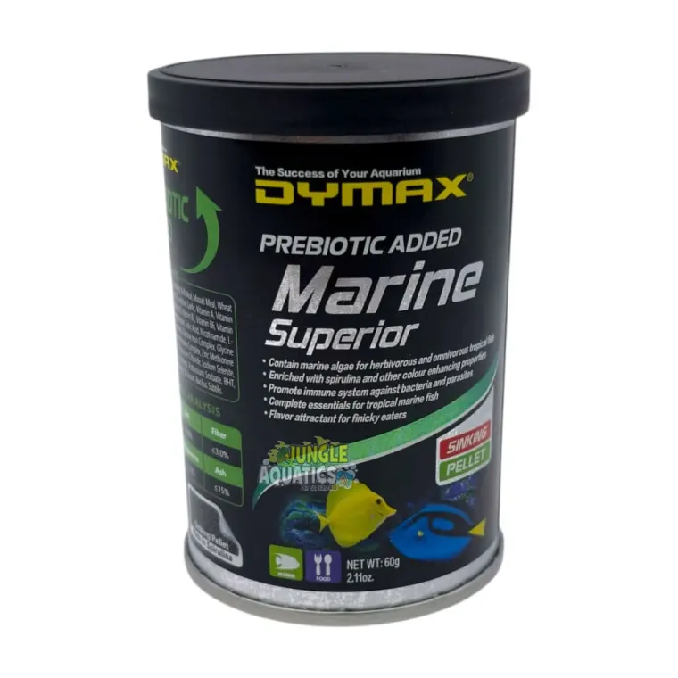 Dymax Marine Superior premium pellet fish food for herbivorous and omnivorous marine fish with Spirulina.